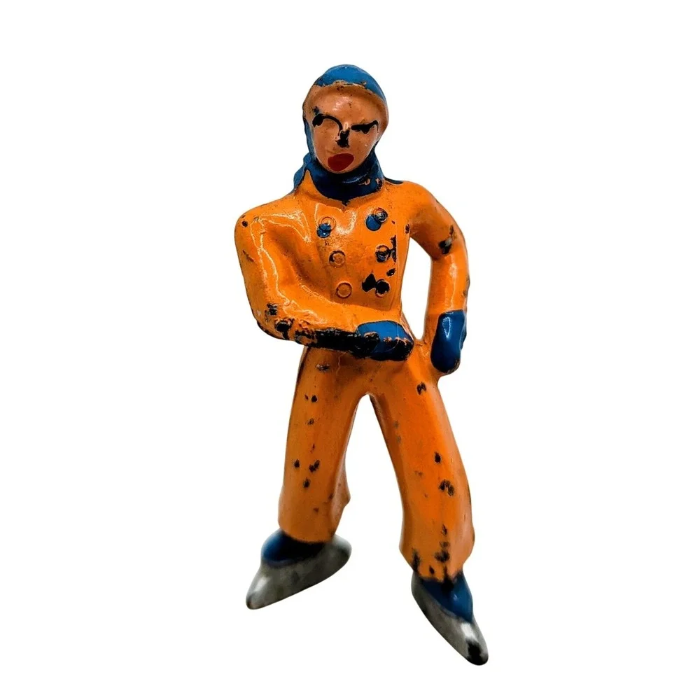 Vintage Lead Barclay Village Ice Skater Orange Blue Figure